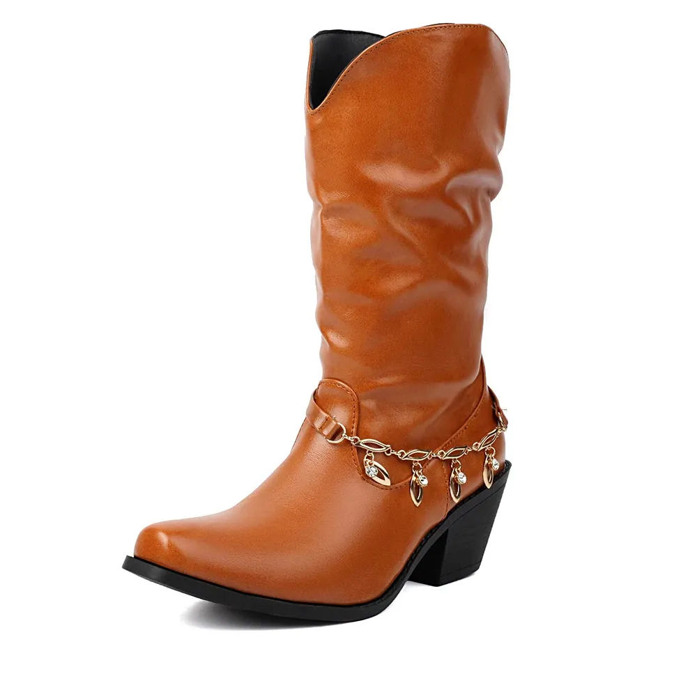 Kylethomasw   -  Big Size 43 Fashion Square Toe Square Toe Ladies Mid Calf Boots 2024 Sexy Metal Chain Autumn/Winter Party Shoes Woman