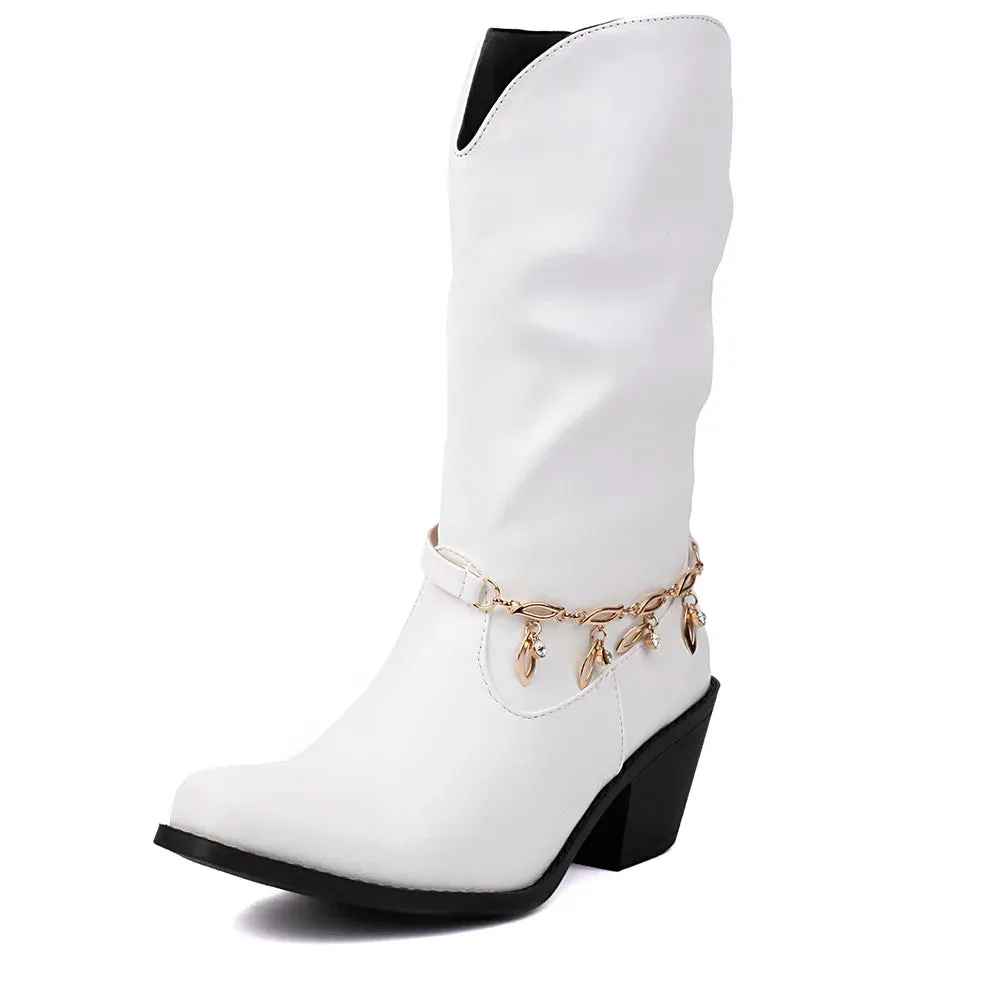 Kylethomasw   -  Big Size 43 Fashion Square Toe Square Toe Ladies Mid Calf Boots 2024 Sexy Metal Chain Autumn/Winter Party Shoes Woman