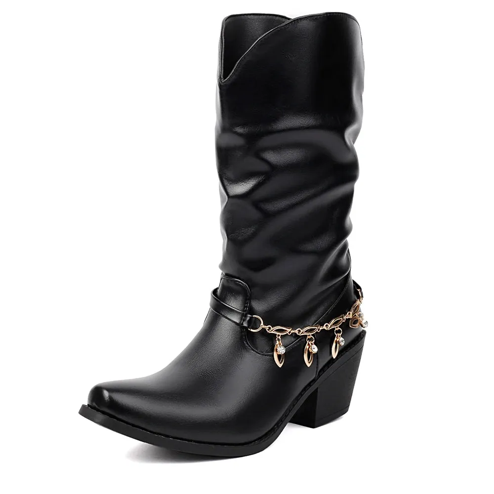 Kylethomasw   -  Big Size 43 Fashion Square Toe Square Toe Ladies Mid Calf Boots 2024 Sexy Metal Chain Autumn/Winter Party Shoes Woman