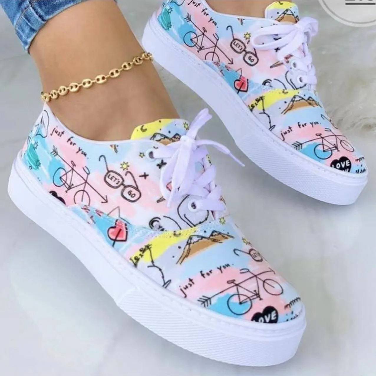 Lace-Up Flats Shoes Print Canvas Fashion Walking Sneakers Women - GlamzLife