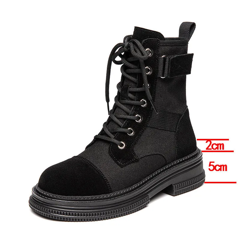 Leather Martin Boots Women's  Spring New Height Increasing Insole Canvas Women's Boots Thick Bottom Side Zipper Fleece-lined Short Desert Boots