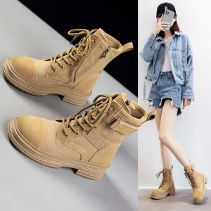 Leather Martin Boots Women's  Spring New Height Increasing Insole Canvas Women's Boots Thick Bottom Side Zipper Fleece-lined Short Desert Boots