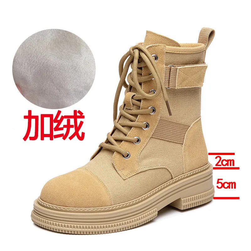 Leather Martin Boots Women's  Spring New Height Increasing Insole Canvas Women's Boots Thick Bottom Side Zipper Fleece-lined Short Desert Boots