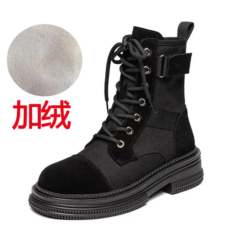 Leather Martin Boots Women's  Spring New Height Increasing Insole Canvas Women's Boots Thick Bottom Side Zipper Fleece-lined Short Desert Boots