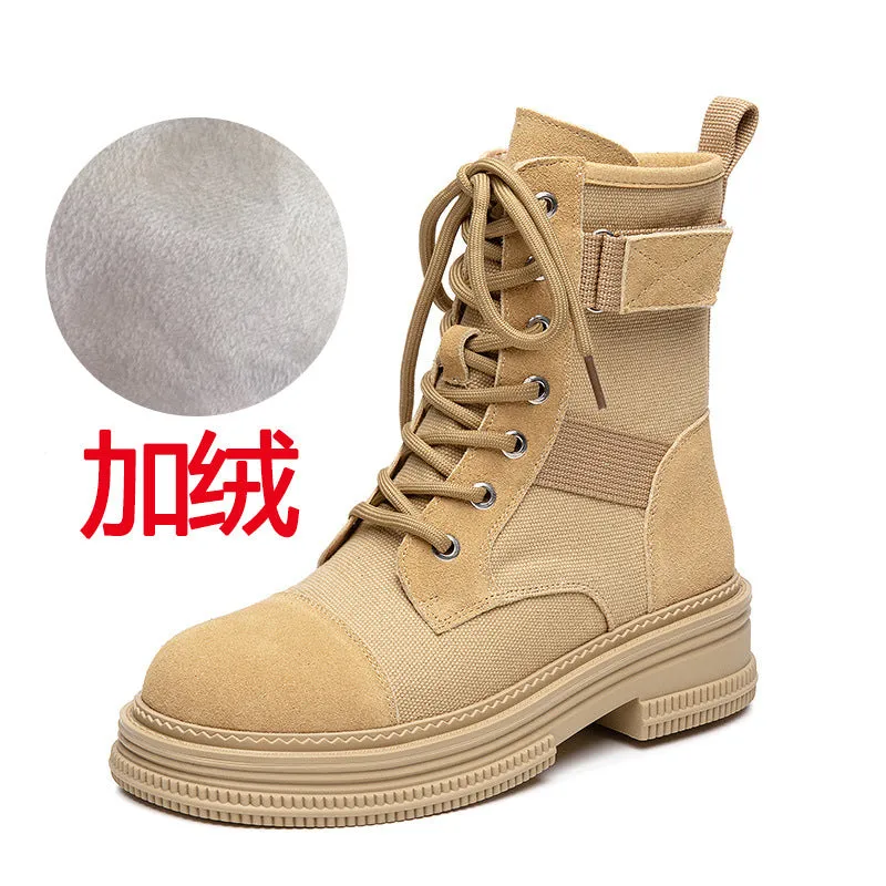 Leather Martin Boots Women's  Spring New Height Increasing Insole Canvas Women's Boots Thick Bottom Side Zipper Fleece-lined Short Desert Boots