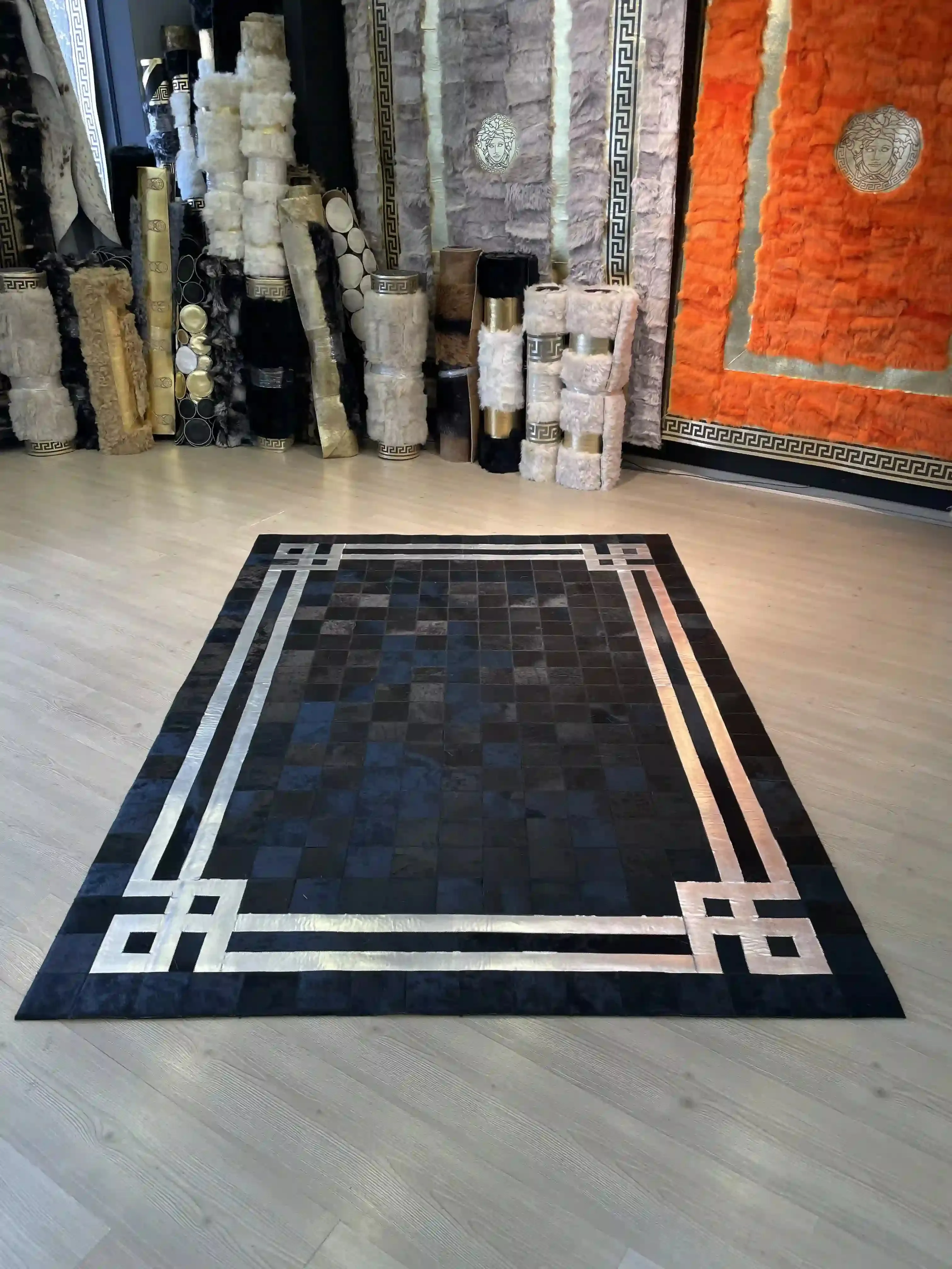 Luxury Cowhide Area 8x10 Rug, Shiny Black and Silver Natural Cowhide Patchwork Rug, Housewarming Gift