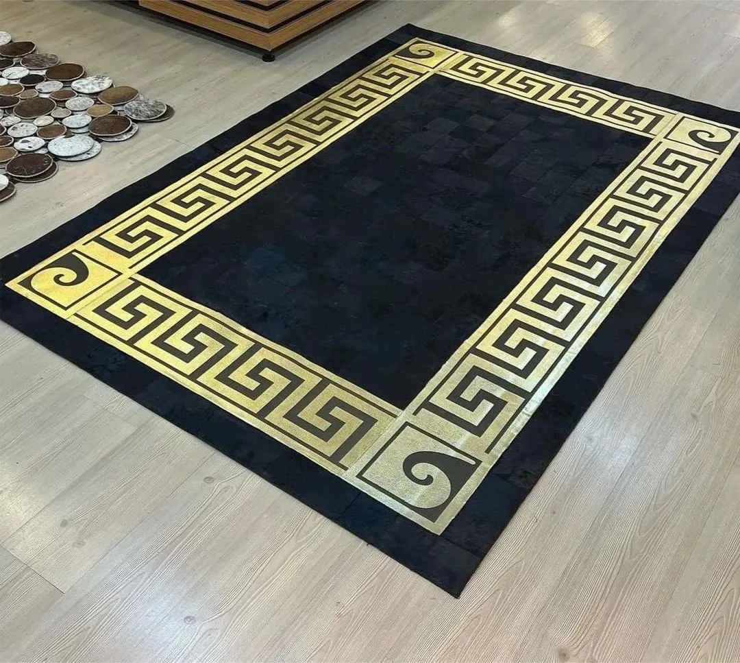 Luxury Cowhide Carpet, Shiny Black and Gold Natural Cowhide Area 5x8 Rug for Bed Room