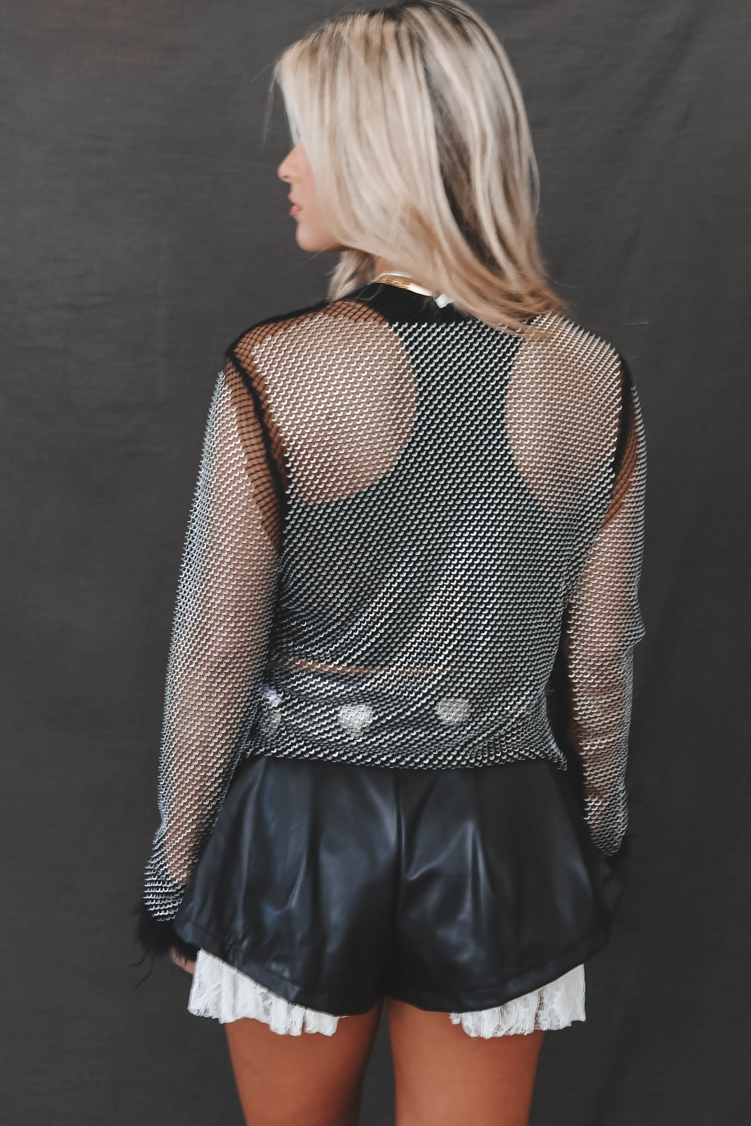 Make It Known Mesh Long Sleeve Sequin Top