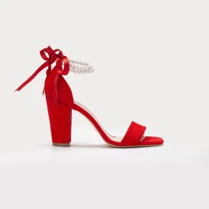 Melissa - Red Suede Sandals with Pearls