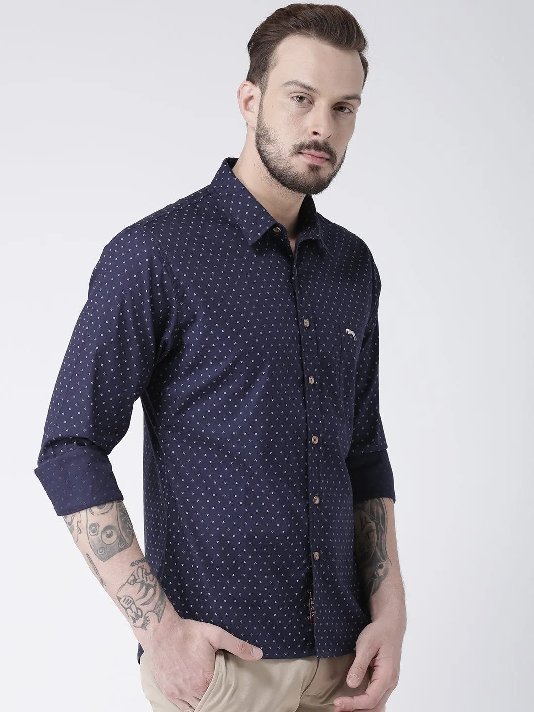 Men Navy Blue Printed Cotton Slim Fit Shirt