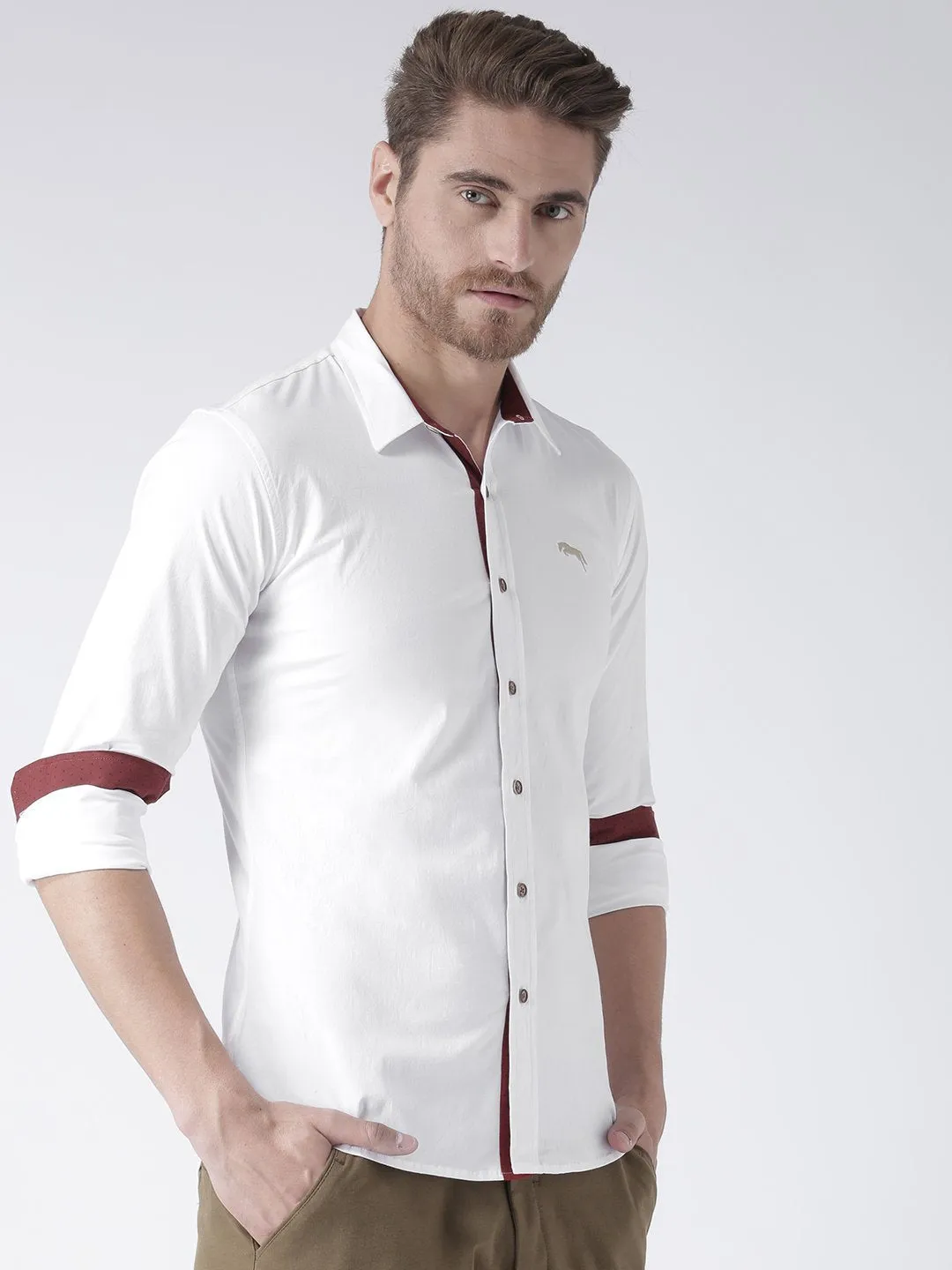 Men White Solid Cotton Regular Fit Shirt