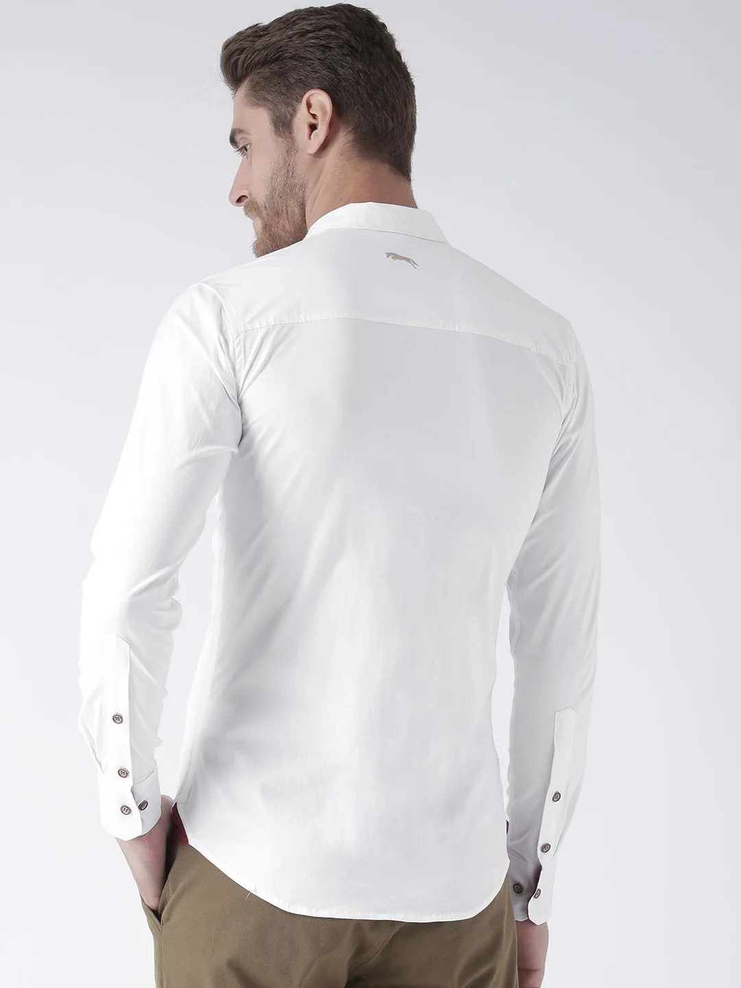 Men White Solid Cotton Regular Fit Shirt