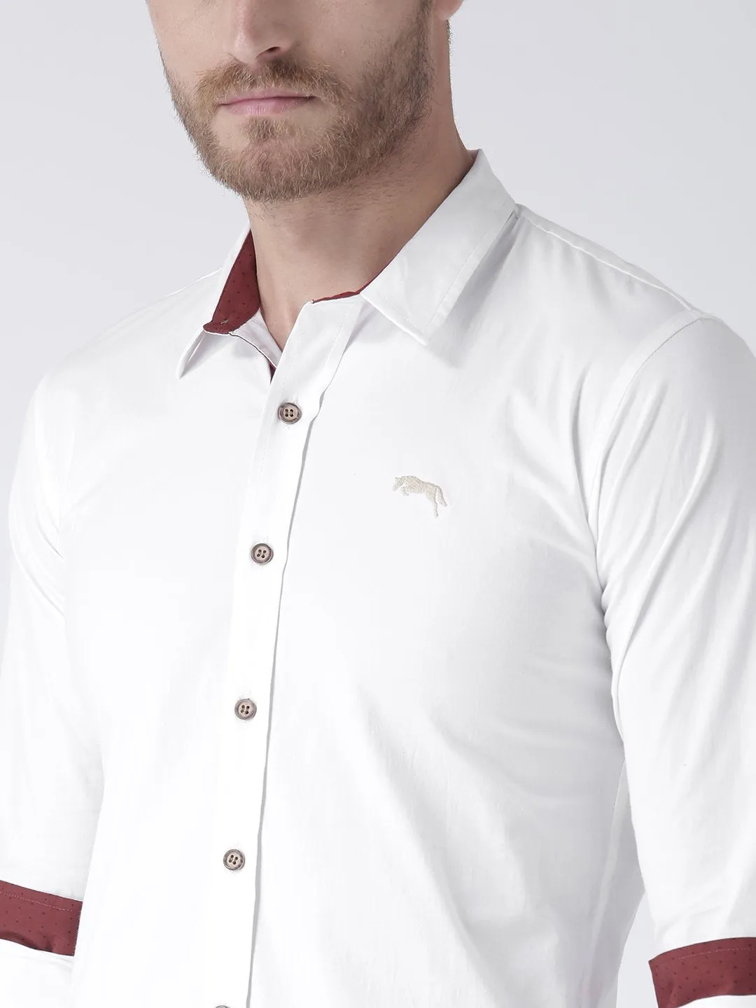 Men White Solid Cotton Regular Fit Shirt