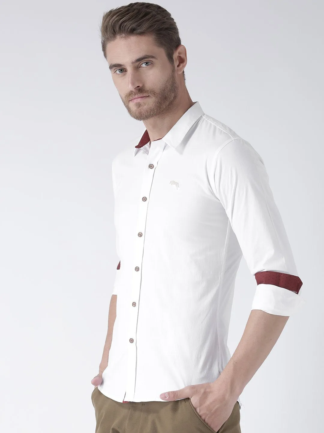 Men White Solid Cotton Regular Fit Shirt