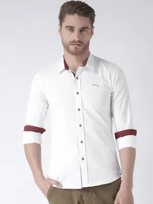 Men White Solid Cotton Regular Fit Shirt