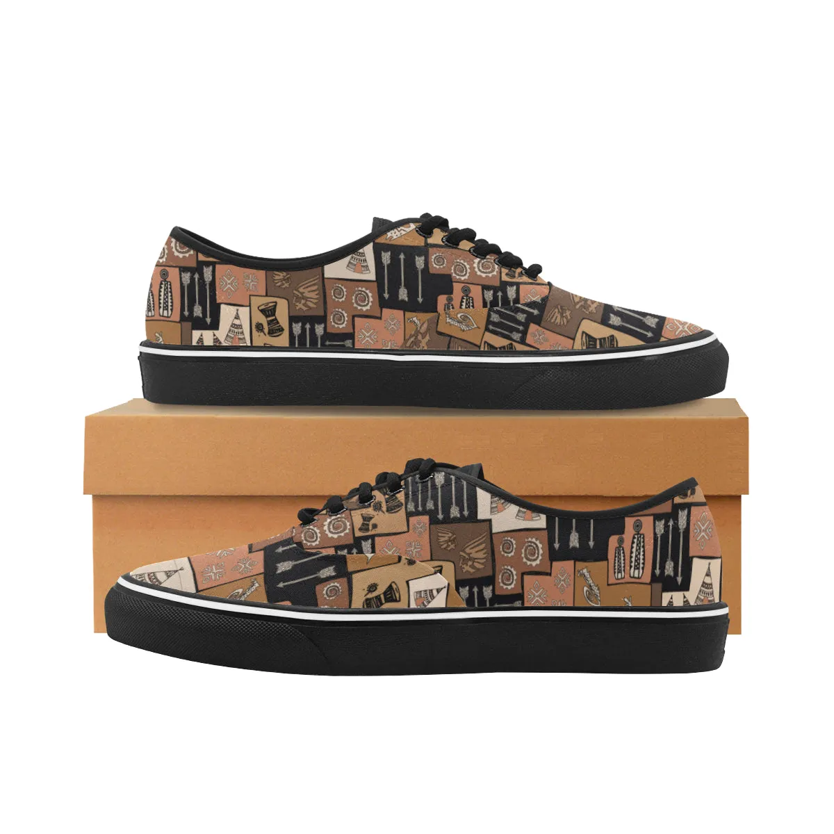 Men's Big Size Earthy Blocks Tribal Print Low Top Canvas Shoes