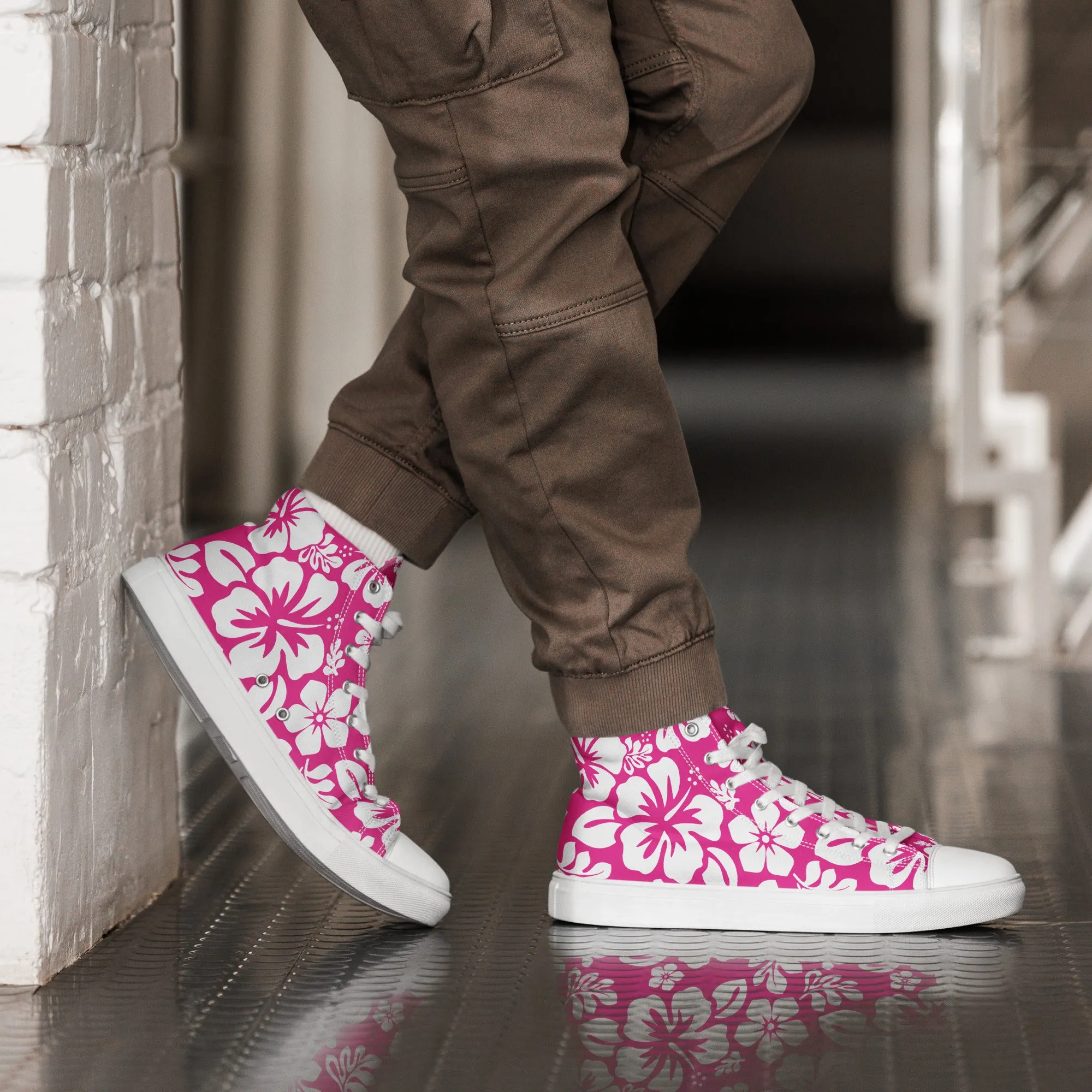 Men's Hot Pink and White Hawaiian Print High Top Shoes