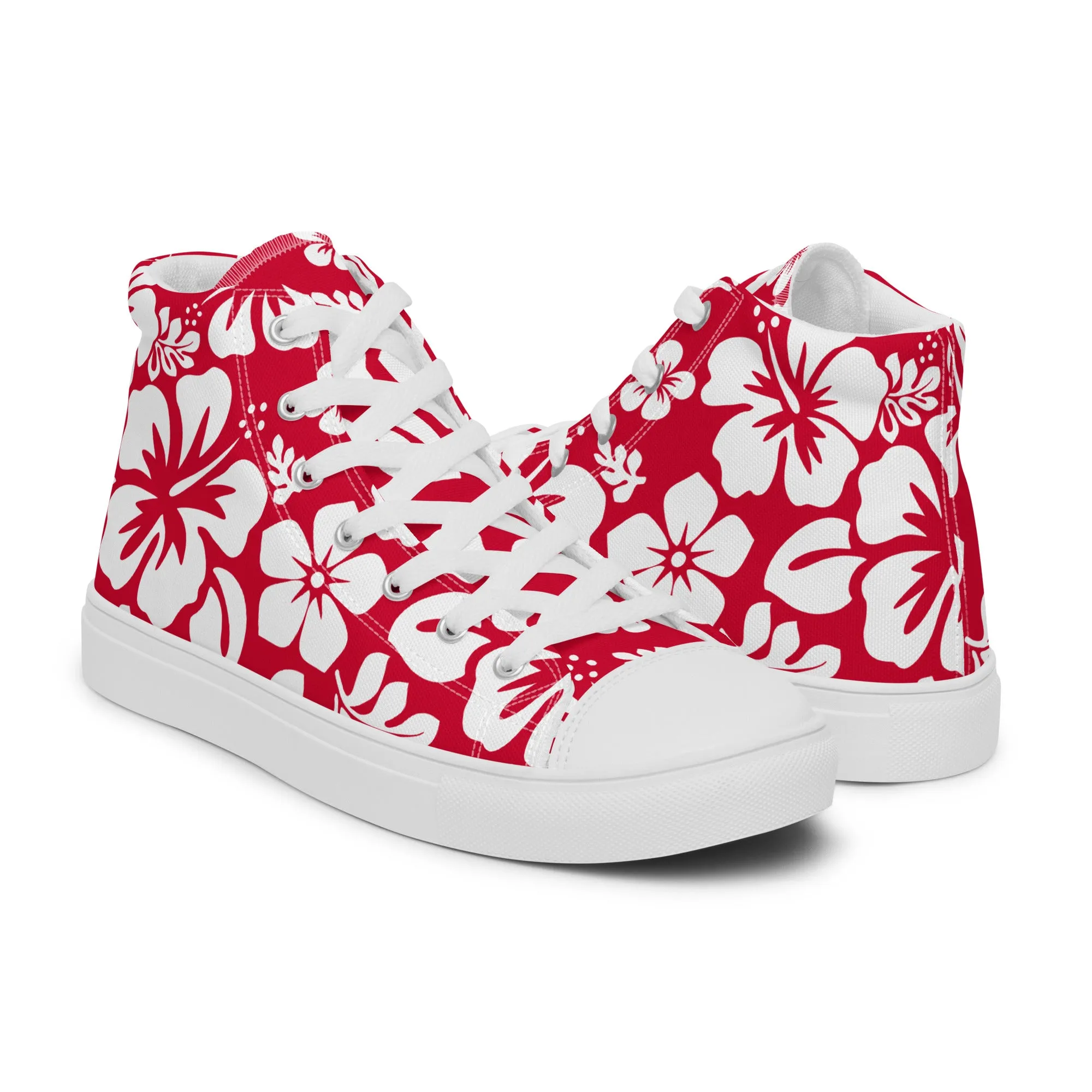 Men's Red and White Hawaiian Print High Top Shoes