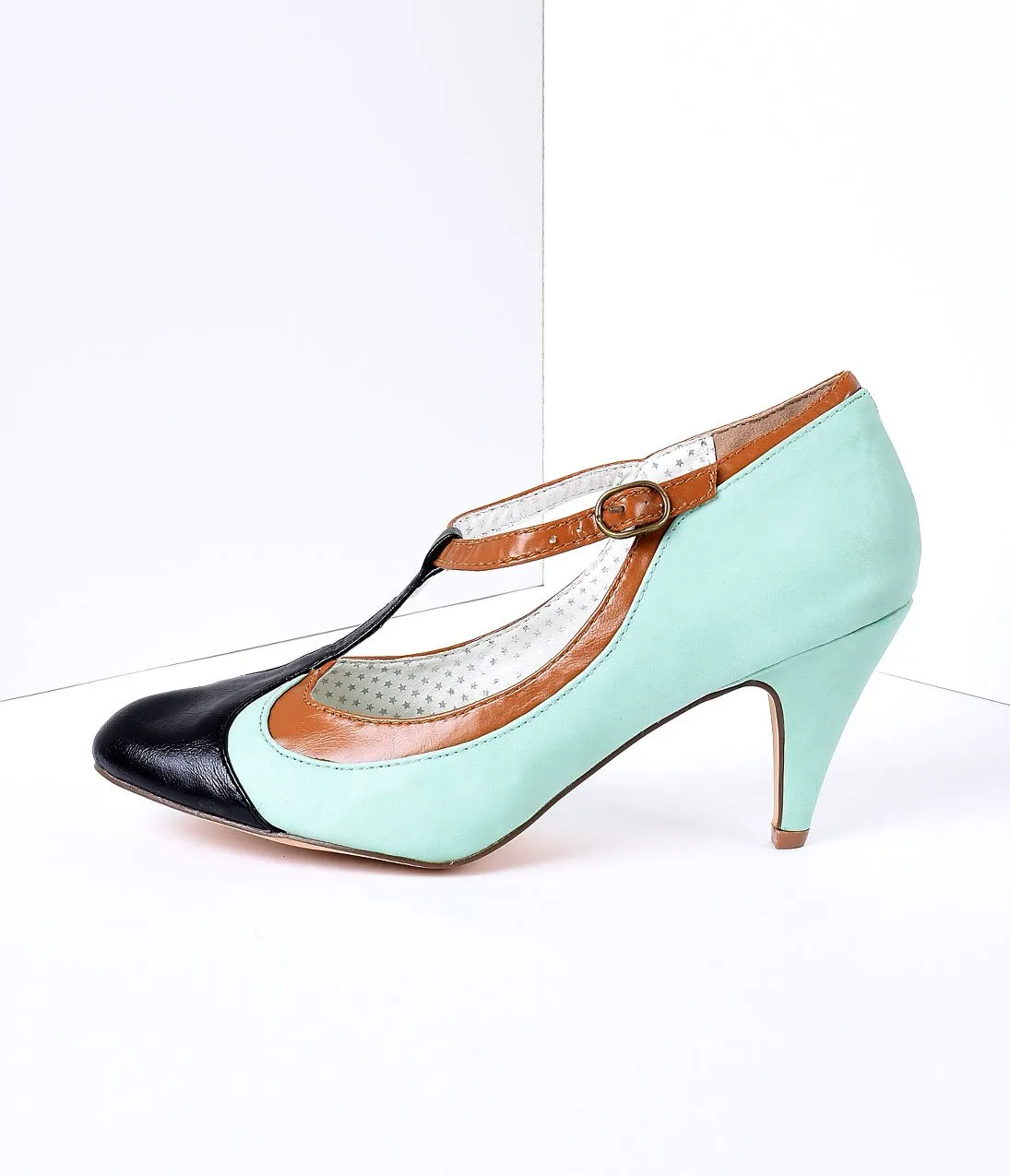 Mint Tricolor Leatherette T-Strap Pumps