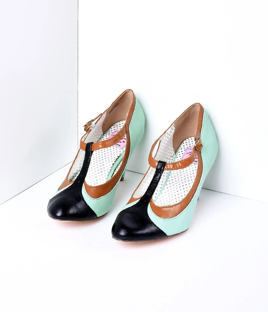 Mint Tricolor Leatherette T-Strap Pumps