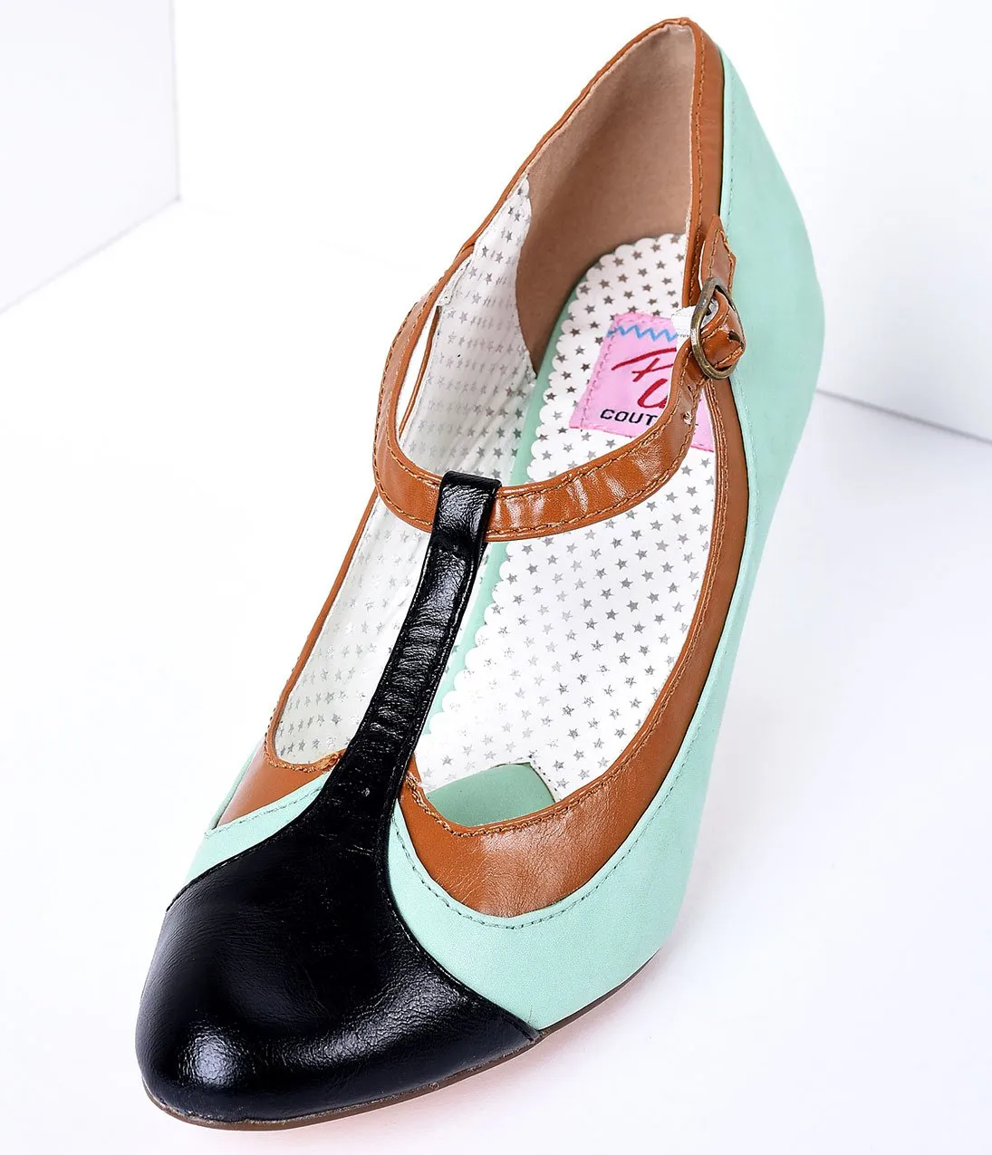 Mint Tricolor Leatherette T-Strap Pumps