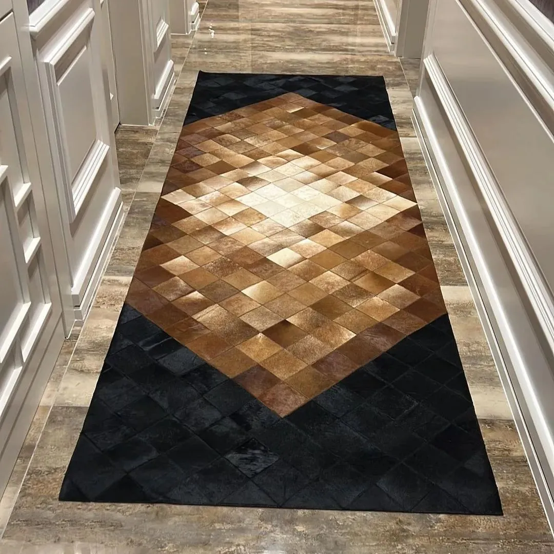 Modern Designed Shiny Black and Brown Natural Cowhide Runner Rug for Hallway