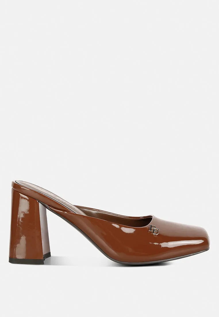 NEOPLAST Brown Patent PU Block Heeled Mules