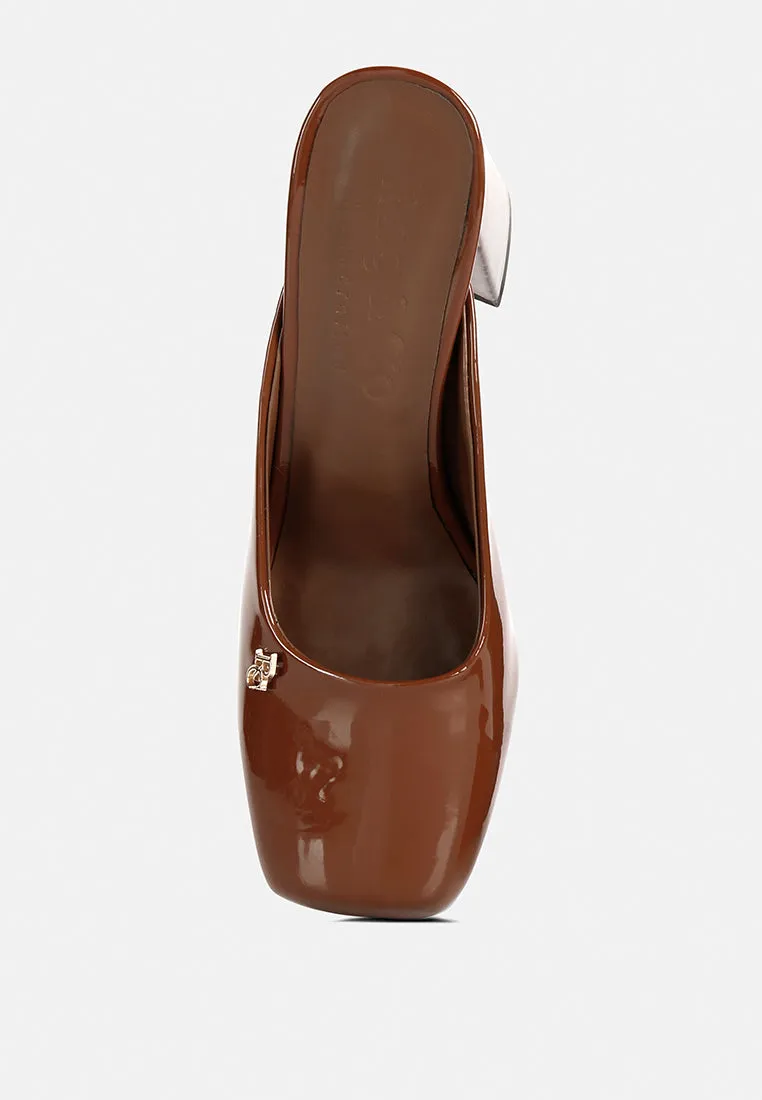 NEOPLAST Brown Patent PU Block Heeled Mules