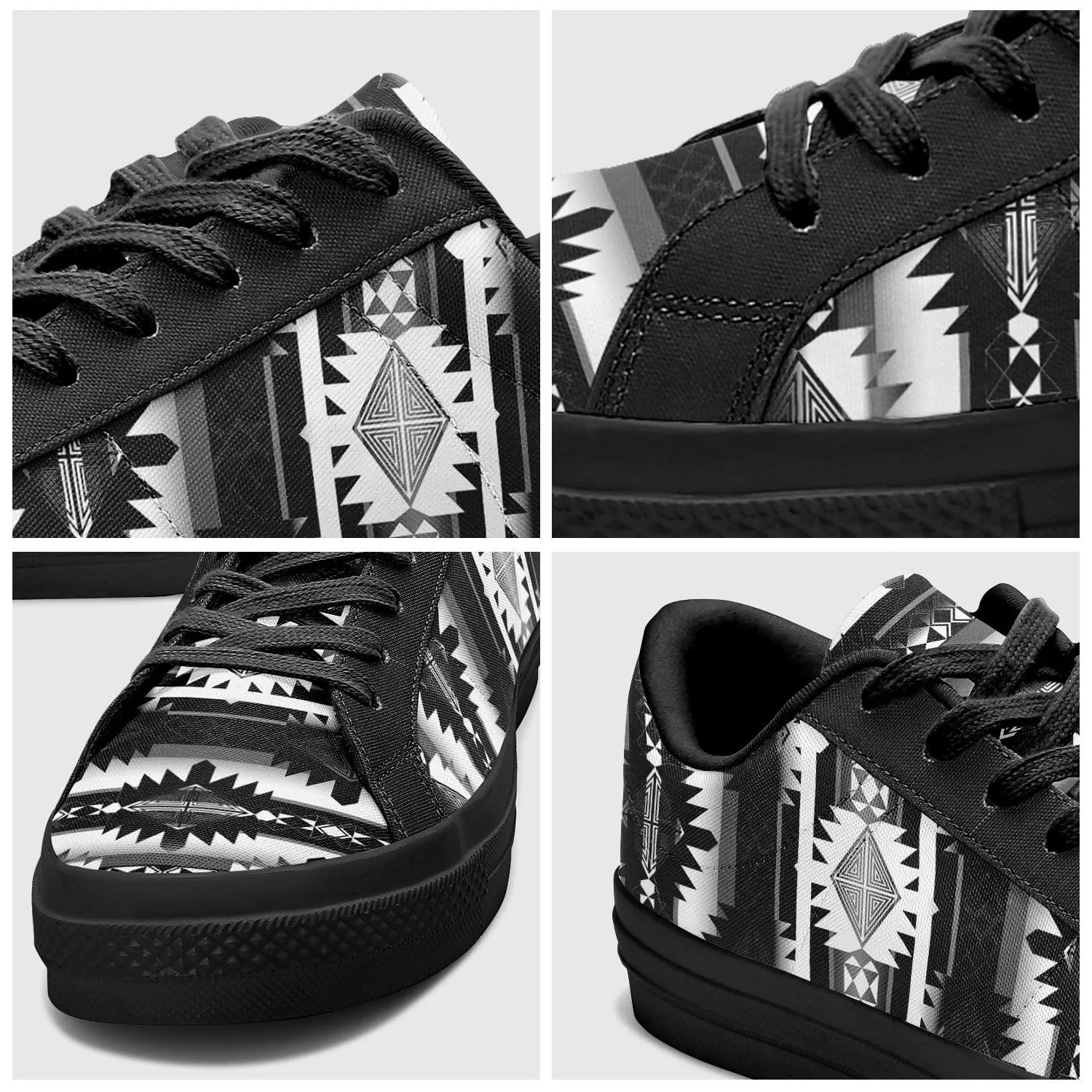 Okotoks Black and White Aapisi Low Top Canvas Shoes Black Sole