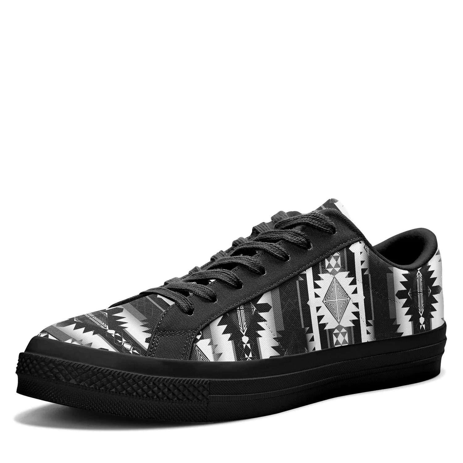 Okotoks Black and White Aapisi Low Top Canvas Shoes Black Sole