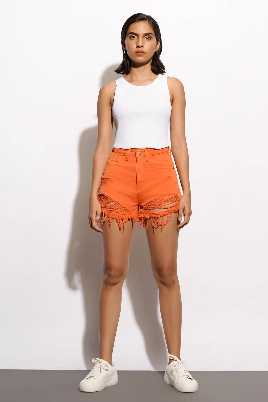 Orange Heavy Distressed Denim Shorts