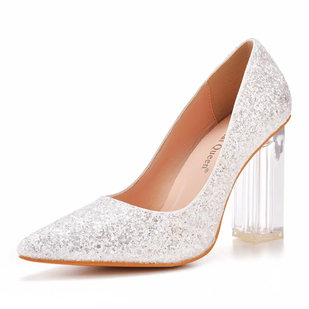 Pointed Toe Satin Crystal Transparent Slip On High Heels