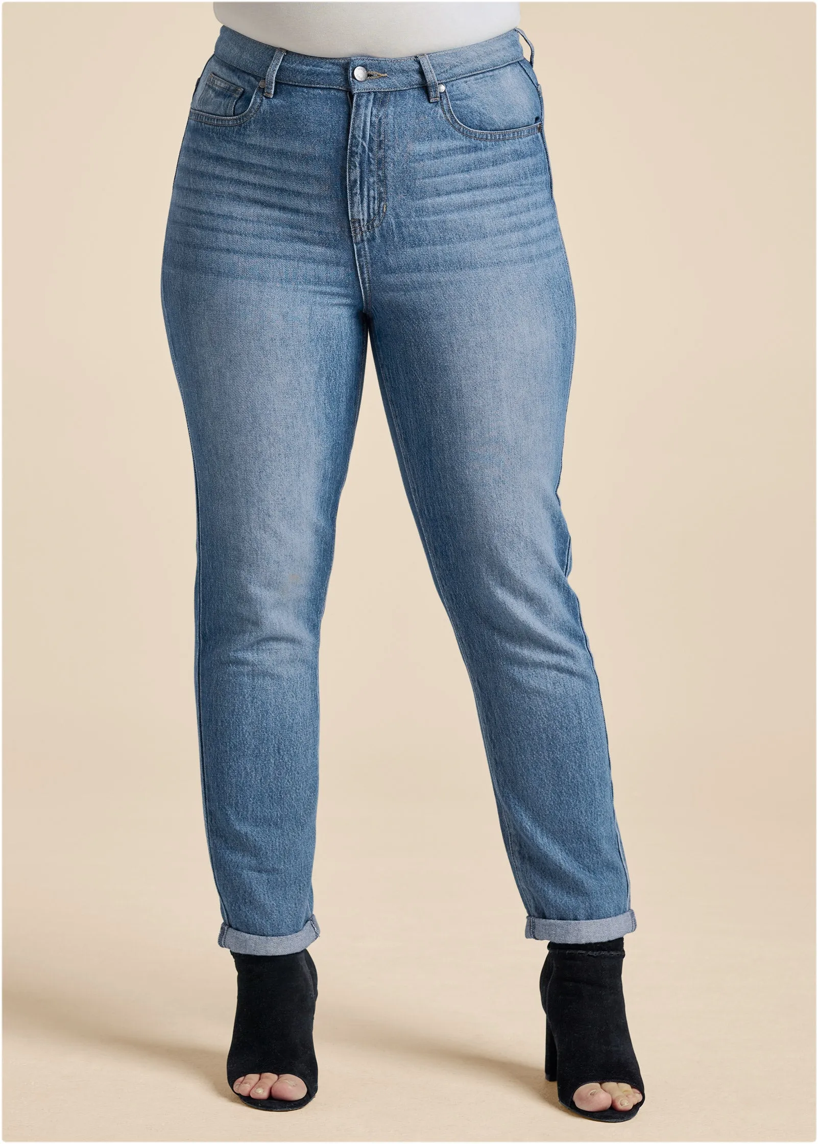 Relaxed Straight Jeans With Cuff - Medium Wash