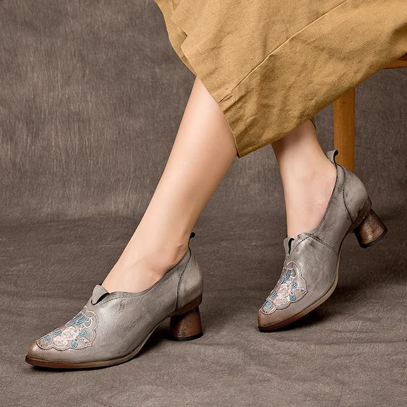 Retro Handmade Leather 60mm Mid Heel Pumps Women Point Toe Shoes In Grey