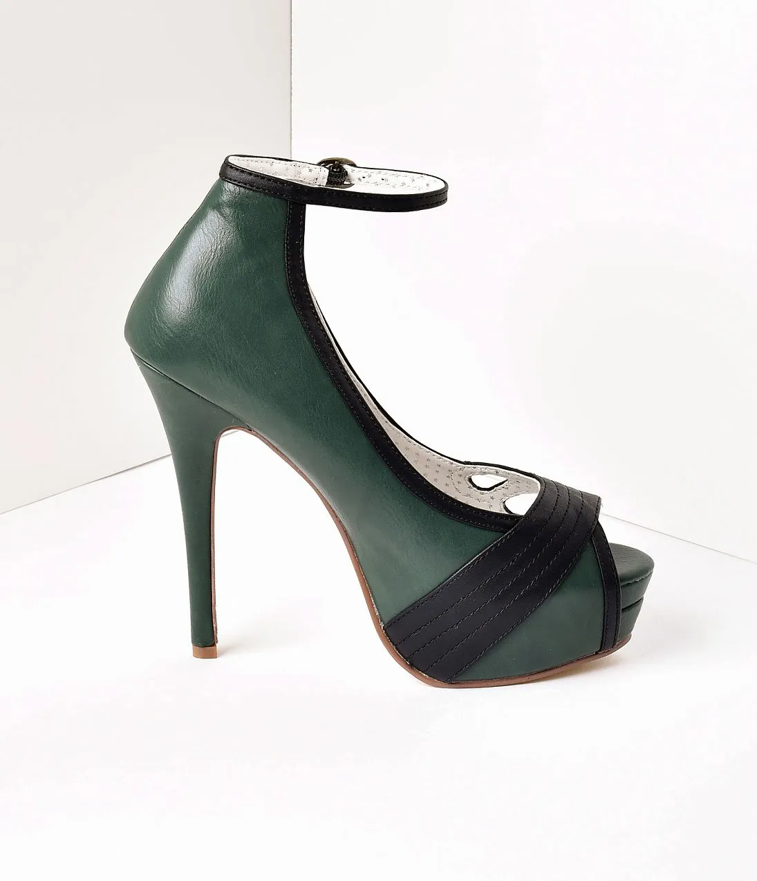 Retro Style Forest Green & Black Leatherette Peep Toe Platform Cutout Pumps