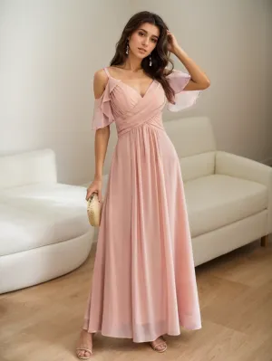 Ruffled sleeves strap deep V-neck A-line ankle length chiffon prom dress