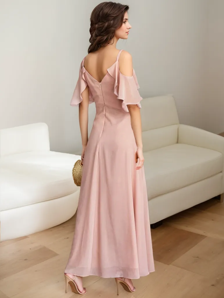 Ruffled sleeves strap deep V-neck A-line ankle length chiffon prom dress