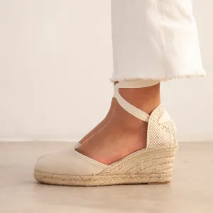 Sevilla Eco Canvas Vegan Espadrille Lace-Up Wedges - Beige Tan