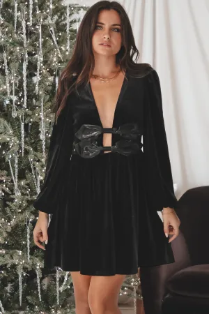 She Has Class Black Velvet Low V Neckline Bow Mini Dress