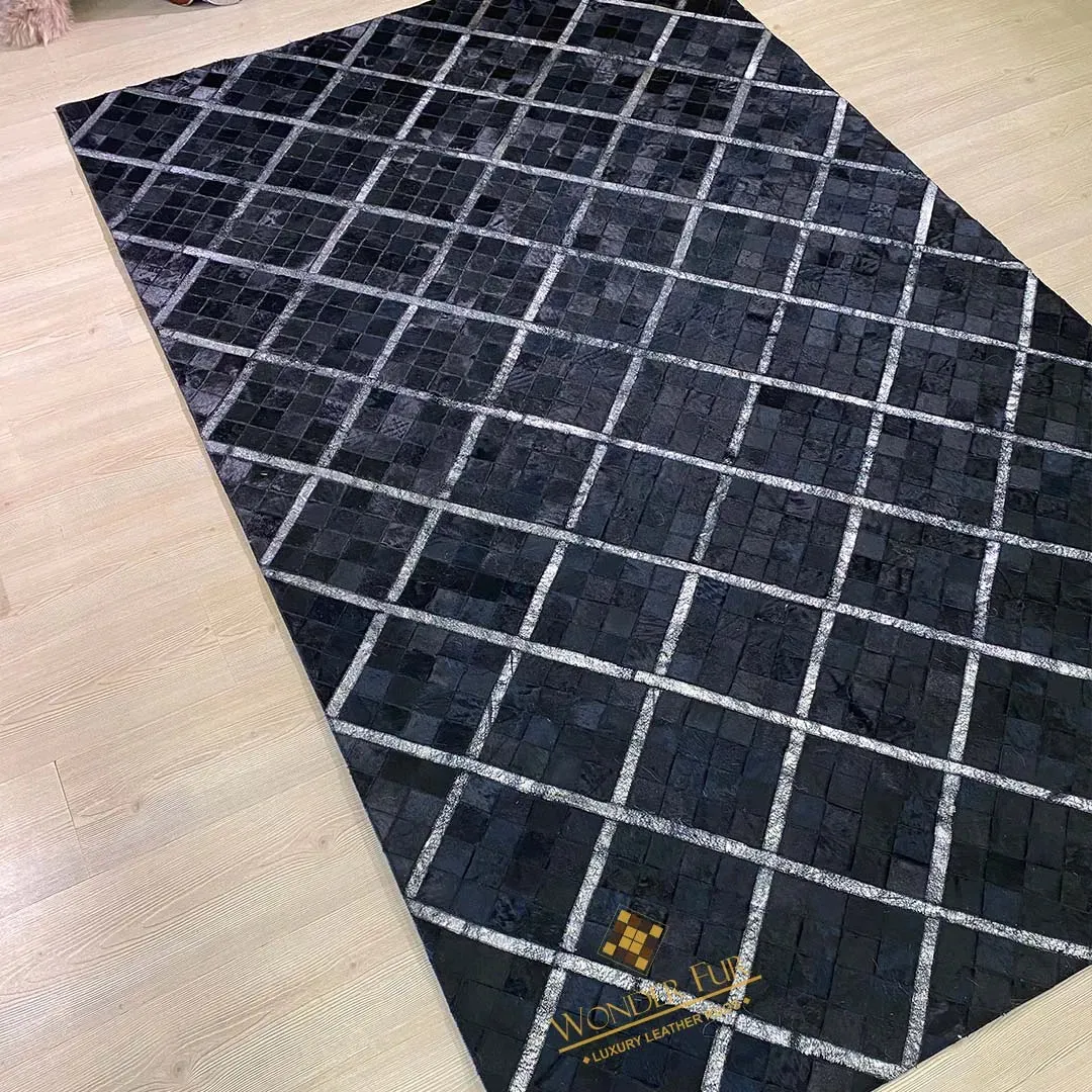 Shiny Black Natural Leather Handmade Cowhide Area 5x8 Rug for Living Room