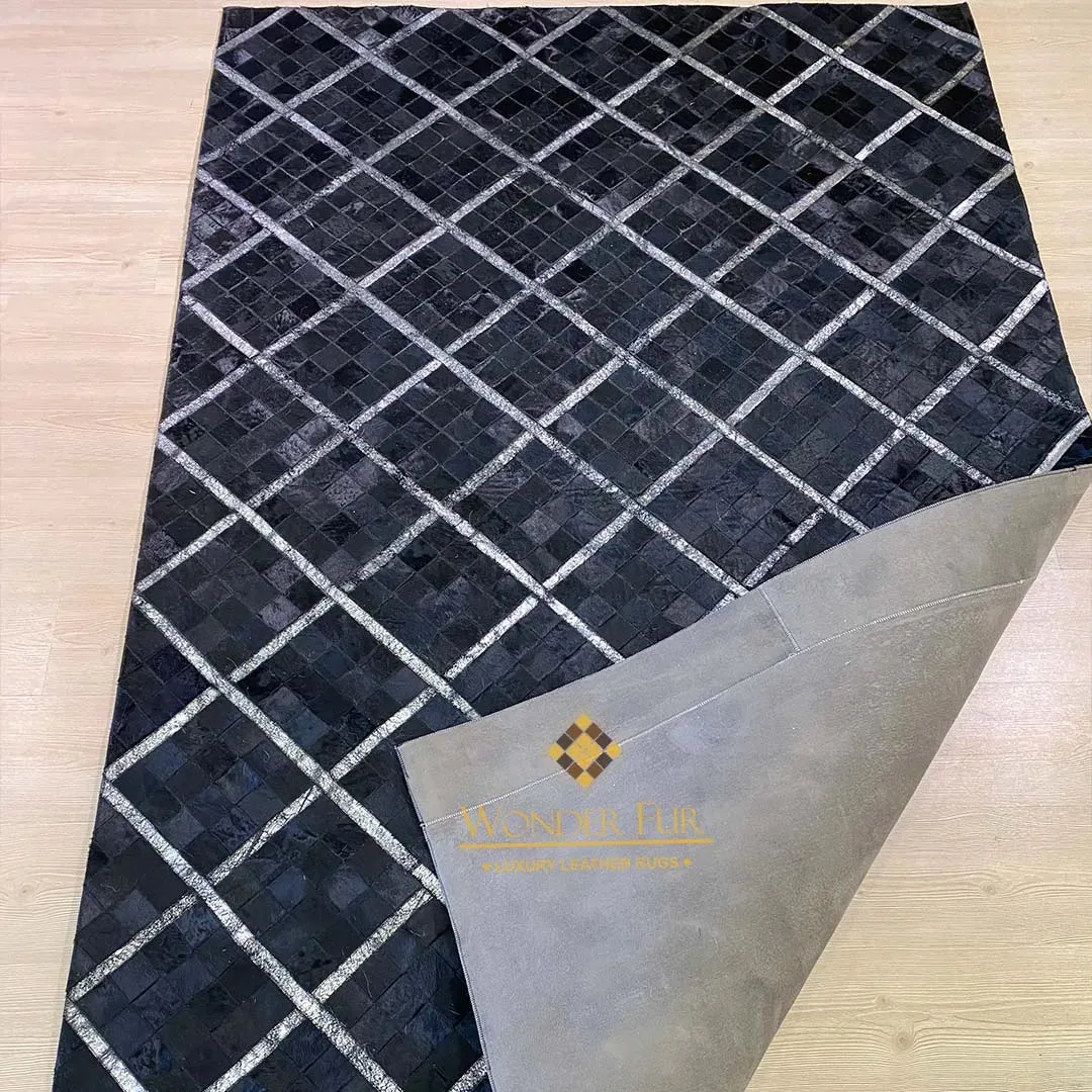 Shiny Black Natural Leather Handmade Cowhide Area 5x8 Rug for Living Room