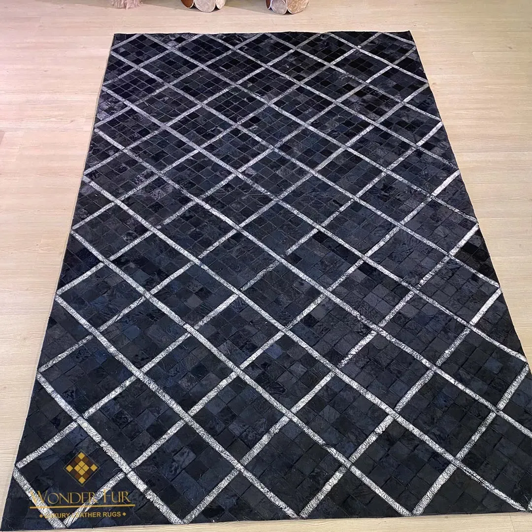 Shiny Black Natural Leather Handmade Cowhide Area 5x8 Rug for Living Room