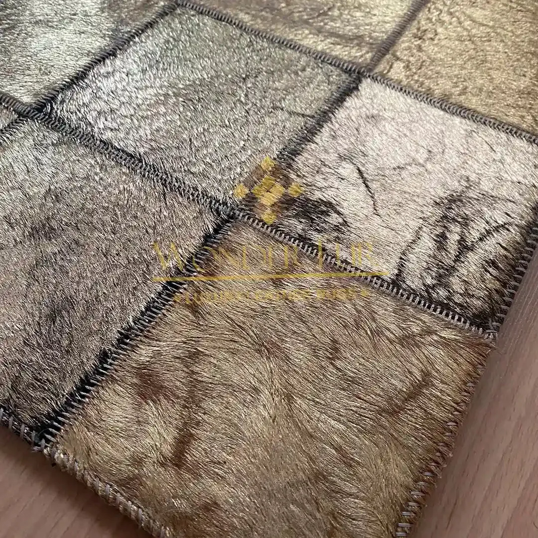 Shiny Gold Patchwork Rug, Handmade Natural Cowhide Area 4x6 Rug, Cow Skin Carpet for Home Décor