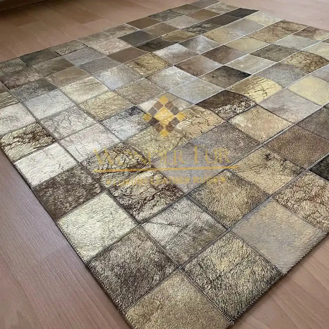 Shiny Gold Patchwork Rug, Handmade Natural Cowhide Area 4x6 Rug, Cow Skin Carpet for Home Décor