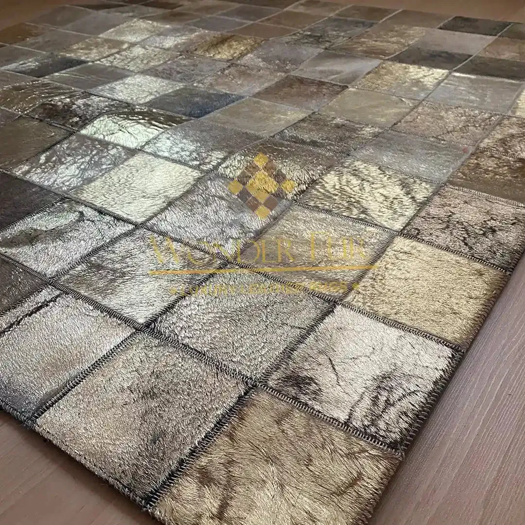 Shiny Gold Patchwork Rug, Handmade Natural Cowhide Area 4x6 Rug, Cow Skin Carpet for Home Décor