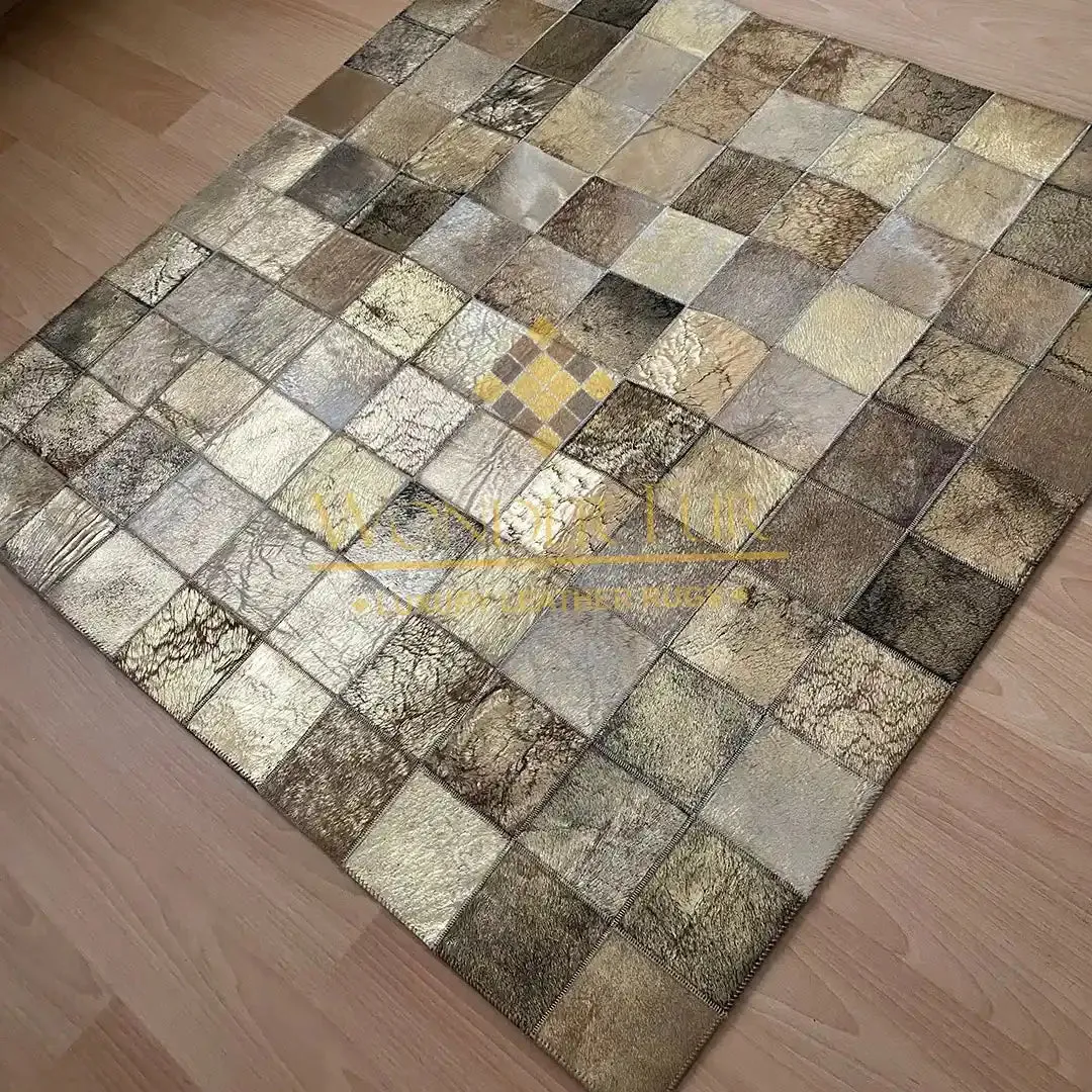 Shiny Gold Patchwork Rug, Handmade Natural Cowhide Area 4x6 Rug, Cow Skin Carpet for Home Décor