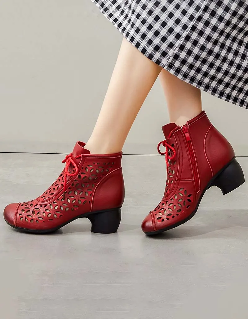 Spring Handmade Retro Hollow Ankle Chunky Boots