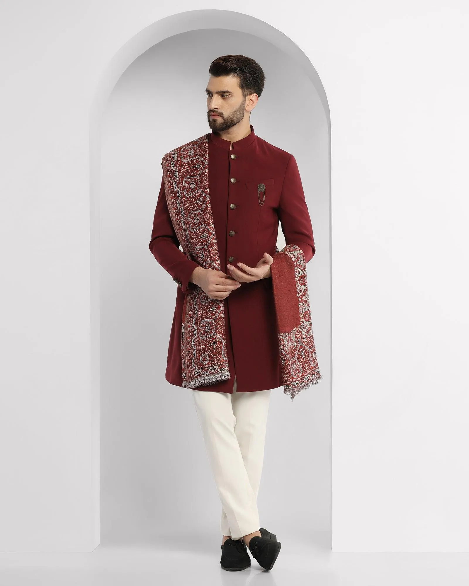 Swarn Two Piece Wine Textured Achkan Set - Tren