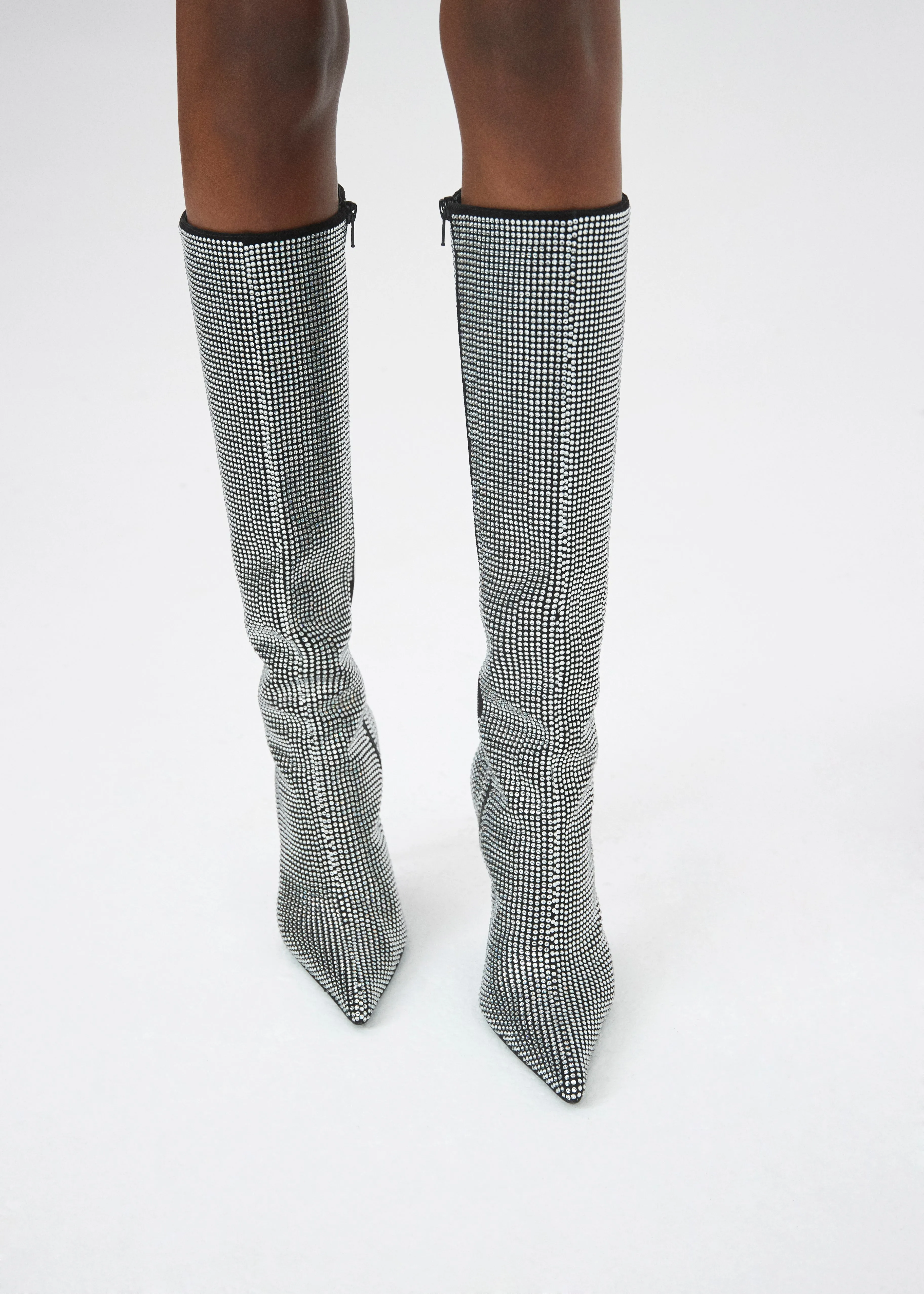 Tall pointed toe boots in black diamante crystals