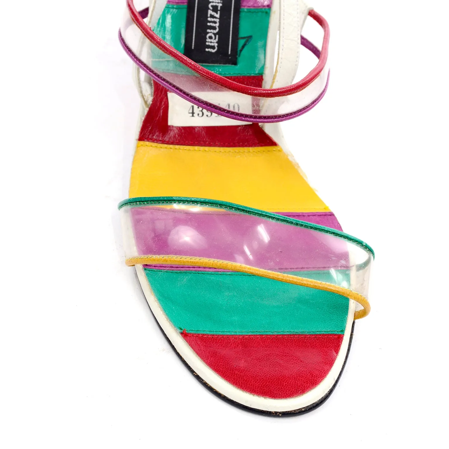 Unworn Stuart Weitzman Rainbow Leather Cutout Wedges w/ PVC Straps 38